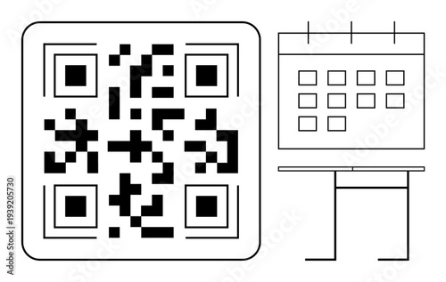 QR code, scheduling, event planning, time management, organization technology. A QR code and a line-art calendar. QR code and scheduling concepts. Line metaphor. Simple line icons