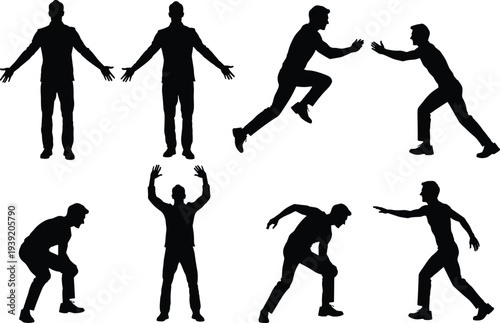 Set of man silhouette poses in dynamic actions, male figure gestures collection isolated on white background, body movement and expression vector illustration