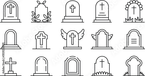 Set of minimal line tombstone icons with cross symbols, grave markers and memorial headstones isolated on white background for cemetery design and funeral themesv