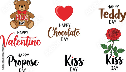 Set of romantic Valentine week celebration labels including happy chocolate day teddy day kiss day propose day and hug day with cute illustrations