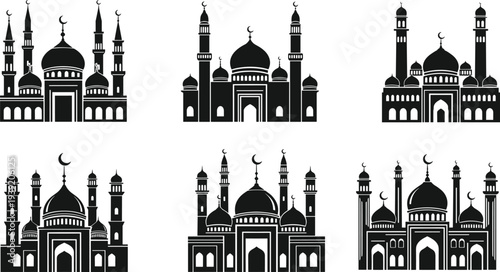 Set of six black and white mosque silhouette vectors featuring various Islamic architectural styles, distinct minarets, domes, and crescent moon symbols for Ramadan design projects.