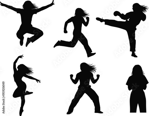 Set of Six Black Silhouette Vector Illustrations Featuring Active Women Performing Martial Arts Kicks Dancing Jumping and Running for Sports and Fitness Designs