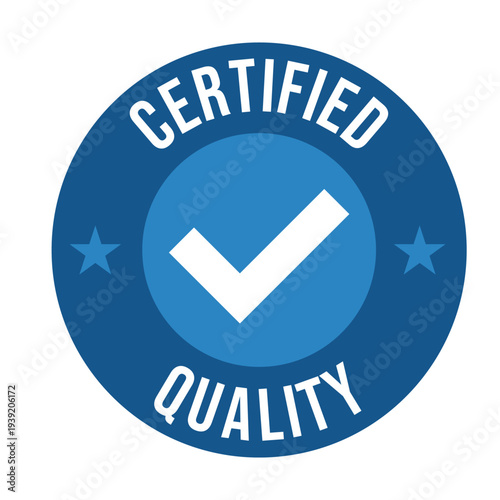 Blue Circular Certified Quality Badge with White Checkmark Stars and Dark Background Conveying Trust Verification and Professional Approval Status