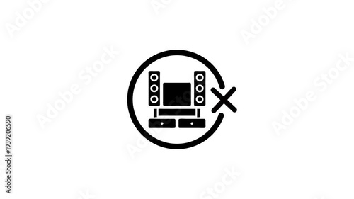 Black and white animated icon of home theater system with speaker and screen showing prohibition sign, clean isolated white background