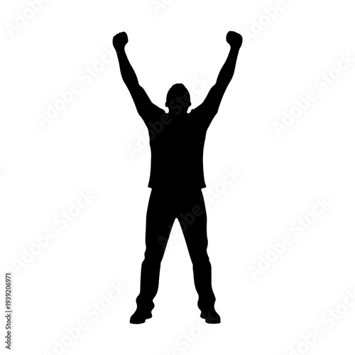 Silhouette of a triumphant person with arms raised in victory.