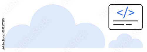 Cloud storage, web design, coding, technology infrastructure, server management, data handling. Large cloud shapes and a coding symbol. Cloud storage and web design concept