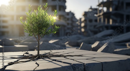 Olive Tree Growing in War Ruins Symbolizing Hope and Peace