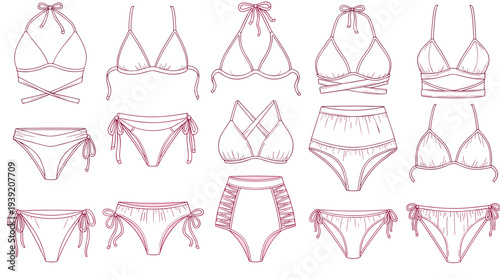 Fashionable Swimwear Line Art Collection: Stylish Bikini Designs for Summer, Vacation, Beachwear, and Fashion Illustrations for Apparel Design and Textiles, Featuring Trendy Shapes and Details