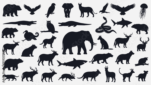Wildlife Silhouettes Collage: Diverse Animal Kingdom Vector Illustration for Nature Education, Conservation Projects, Children's Books, and Graphic Design with Bears, Eagles, Sharks, and More