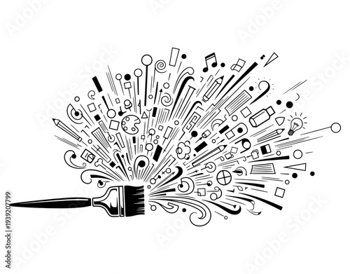 Creative Explosion Concept with Paintbrush Spraying Abstract Symbols, Art Tools, and Geometric Shapes Representing Imagination, Artistic Inspiration, and Design Innovation.