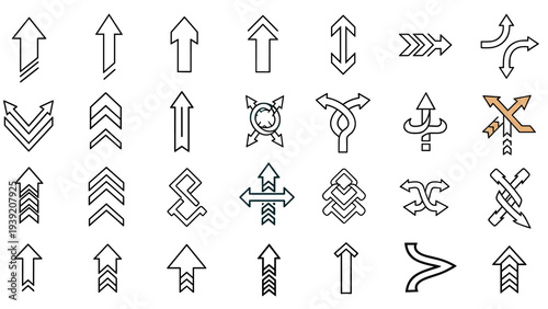 Diverse Arrow Collection: Minimalist Vector Icons for Wayfinding, Navigation and UI Design, Graphic Elements, Arrows Set with Directional Symbols, Abstract, and Creative Indicators