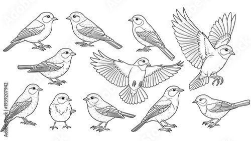 Elegant Bird Sketch Collection: Hand-Drawn Sparrows in Various Poses for Creative Designs, Coloring Pages, Educational Resources, and Nature-Inspired Projects, Emphasizing Fine Detail and Line Art