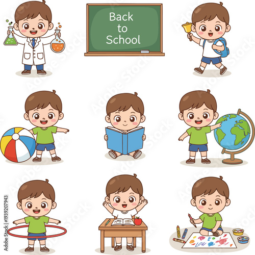 Cute Cartoon School Boy Activities Set Back to School Learning Illustration