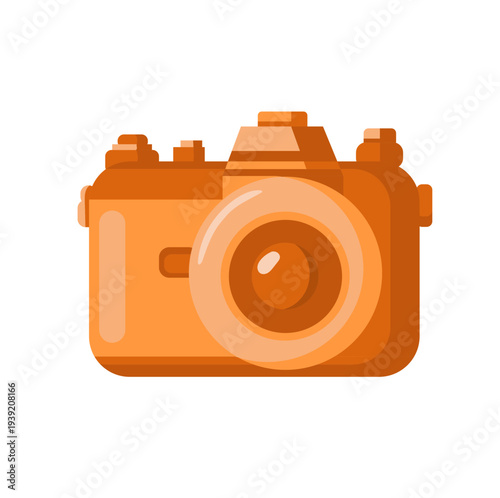 Flat vector illustration of an orange photo camera icon. Modern cartoon style digital camera isolated on transparent background. Photography equipment symbol for apps, websites, UI design, media, blog