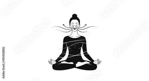 Serene black and white illustration of a person meditating in lotus position.