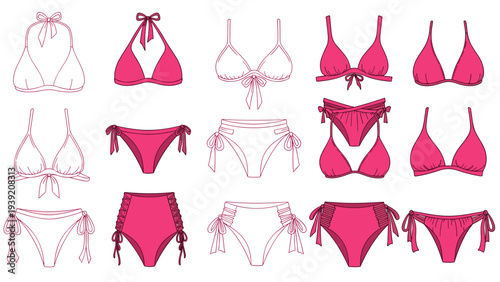 Fashionable Pink Swimsuit Collection: A Vector Illustration of Various Bikini Styles for Summer, Beachwear Design, Fashion Design, and Apparel Creation, Perfect for Summer Vacation Planning
