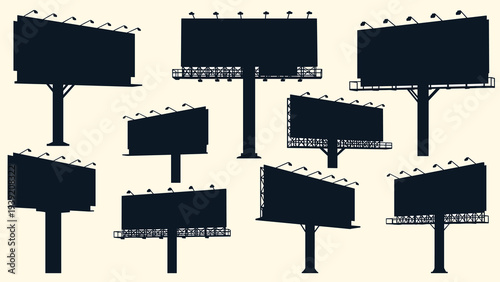 Urban Billboard Landscape: A Silhouette Symphony of Advertising Structures against a Neutral Backdrop for Commercial Campaigns and Creative Cityscapes, Graphic Design, and Marketing Mockups