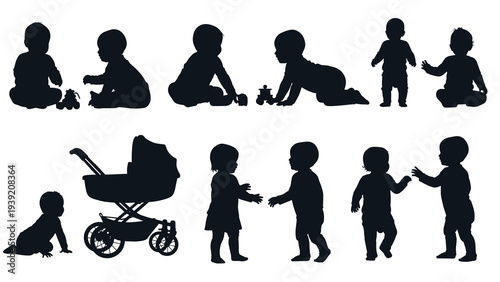 Silhouette Harmony: Capturing Babyhood's Precious Moments - An Array of Baby Silhouettes Depicting Playtime, Crawling, Walking, and Bonding, Perfect for Nursery Art, Parenting Resources, and...