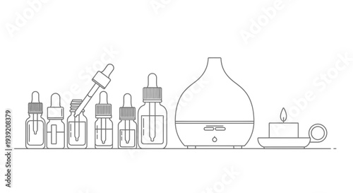 Essential oil bottles and aromatherapy diffuser illustration.