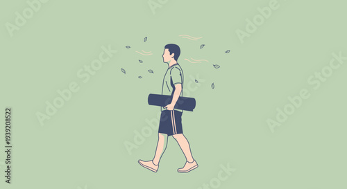Man walking with yoga mat and leaves blowing away from his body.