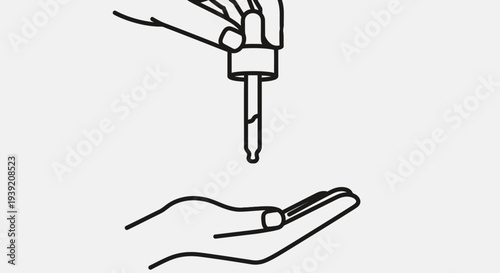 Hand holding a dropper with liquid being dispensed onto another hand.