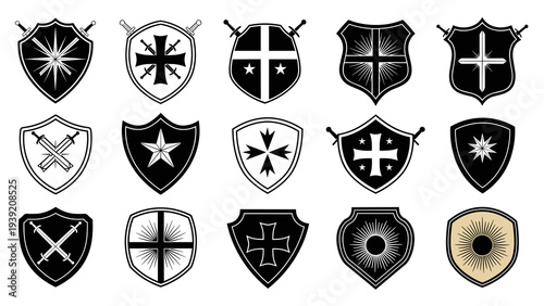 Collection of Black and White Heraldic Shields with Swords and Emblems: Medieval Knightly Symbols for Crests, Logos, and Design Elements Depicting Valor and Nobility