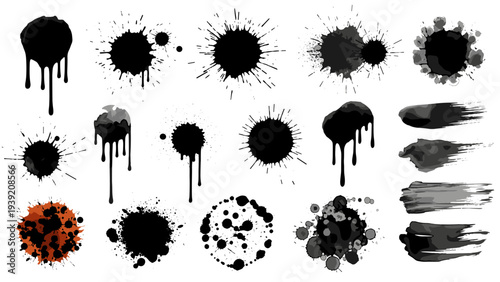 Artistic Black Ink Splatter Collection for Creative Design: Grunge Texture Elements, Abstract Brush Strokes, and Watercolor Blots for Backdrops, Artistic Overlays, and Modern Graphic Projects