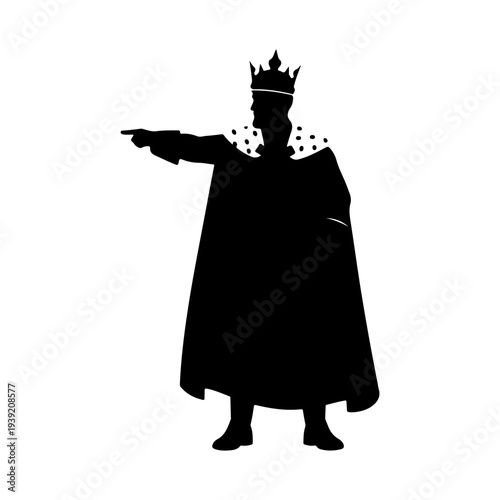 Silhouette of a King Pointing Forward with Crown and Cape.