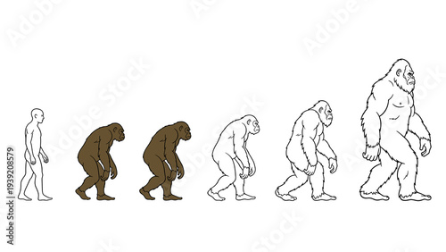 Humorous Bigfoot Evolution Chart Illustration: Fun Depiction of Human Ancestry and Cryptozoology, Cartoon Style Bigfoot Image for Humor, Science, and Speculation Projects