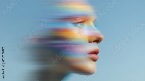 Profile of a woman with vibrant, blurred motion lines across her face
