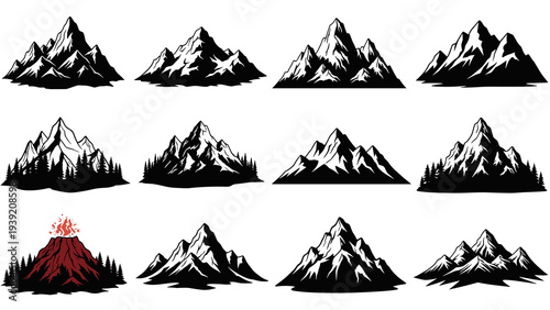 Monochrome Majesty: A Vector Illustration Collection of Mountain Peaks, Serene Landscapes, and Rugged Terrain for Outdoor Adventure, Nature Enthusiasts, and Wilderness Exploration Designs