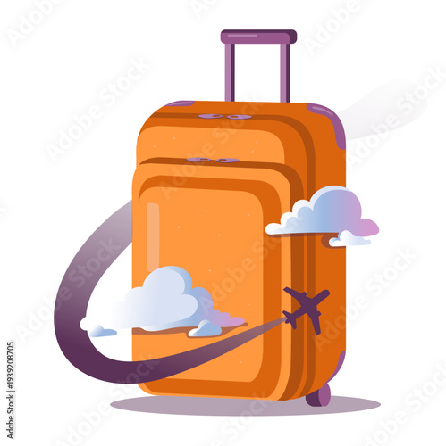 Flat vector illustration of an orange travel suitcase with airplane and clouds. Modern travel concept representing tourism, vacation, flight and trip planning. Luggage icon isolated on transparent bac