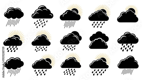 Weather Forecast Icons: Seamless Pattern with Clouds, Rain and Sun for Creative Designs, Meteorology, Climate Reports, and Graphic Illustrations, Representing Storms and Weather Changes
