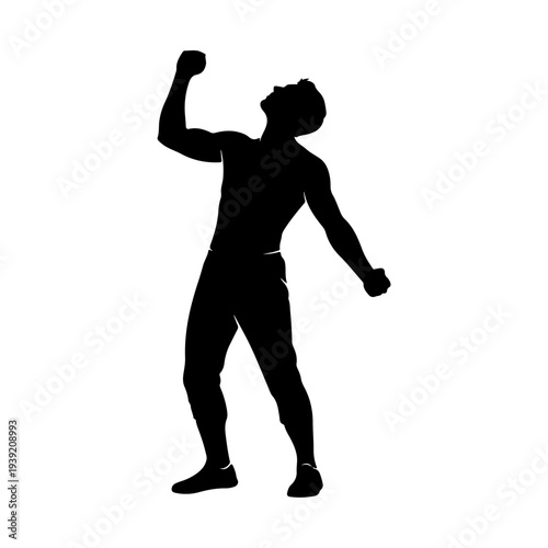 Silhouette of a triumphant man raising his fist in celebration.