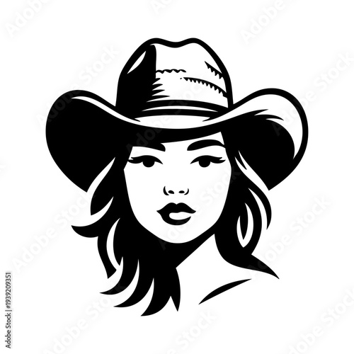 Dibujo con líneas de la cabeza de una mujer con un sombrero de cowboy vintage