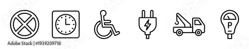 Set of black linear parking icons for traffic regulations and vehicle services, featuring symbols for no stopping, time limit, disabled access, EV charging, tow truck, and a meter