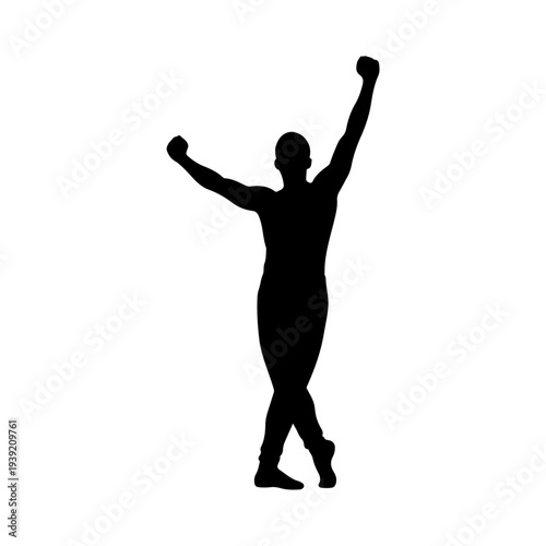 Silhouette of a triumphant person with arms raised in victory.