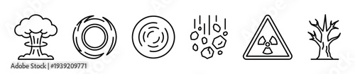 Set of black line art icons representing natural and man-made disasters, including a nuclear explosion, hurricane, earthquake, radiation hazard, and ecological catastrophe