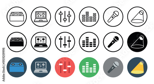 Set of music production and DJ icons for audio engineering shown in three different styles: line art, solid glyph, and colorful flat design for web and application interfaces