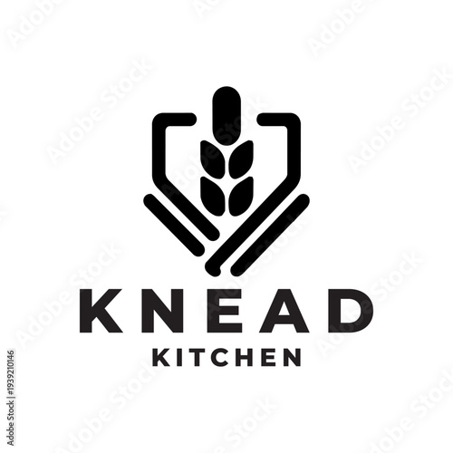 Knead Kitchen Bakery Logo Wheat Grain Bread Icon Minimal Modern Bakery Cafe Brand Identity Black White Food Logo