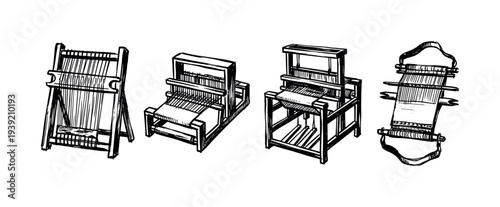 Collection of four hand-drawn weaving looms in a vintage ink sketch style, showing different types of equipment for traditional textile crafting and handmade fabric