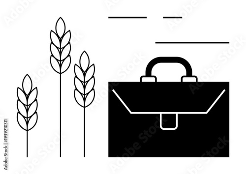 Agribusiness, sustainability, food industry, corporate productivity, rural economy, and eco-friendly development. Wheat stalks and a briefcase in a clean layout. Agribusiness and sustainability ion