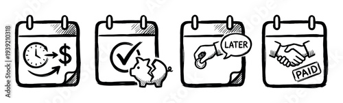 Set of four hand-drawn financial icons on calendar pages illustrating concepts like time is money, saving, deferred payment, and a completed transaction with a handshake