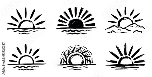 Set of six hand-drawn sun icons in a rough, sketchy style with black ink brush strokes showing sunrise and sunset over the sea and mountains in a minimalist design
