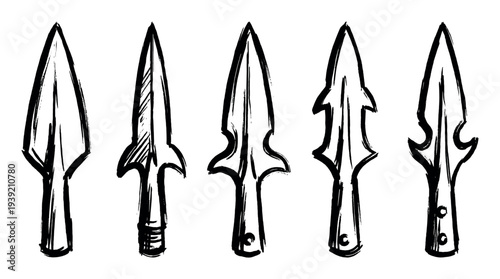 Set of five hand-drawn ancient arrowheads with various shapes, illustrated in a rough black ink brush stroke style showing a collection of primitive hunting weapons