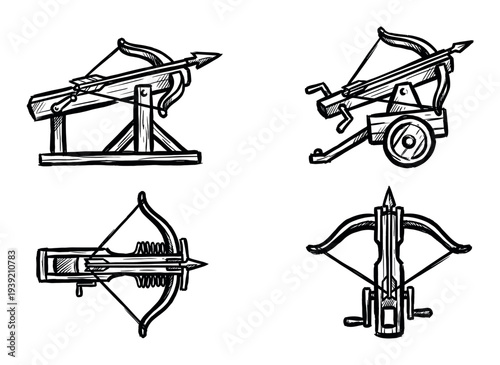 Four medieval crossbow and ballista illustrations in a hand-drawn black ink sketch style, showing a collection of ancient siege weapons and handheld arms for warfare