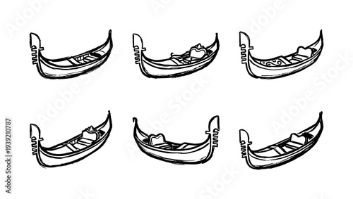 Set of six hand-drawn gondola illustrations in a rough black ink sketch style, showing the traditional watercraft from various perspectives in a monochrome design