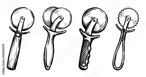 Set of four different pizza cutters in a hand-drawn sketch style, showing various designs including a double wheel, a fluted pastry wheel, and different handle types