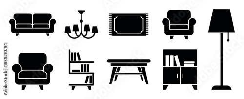 Set of black furniture and home decor icons featuring a sofa, armchair, lamp, table, and bookshelf in a minimalist flat graphic style for interior design concepts