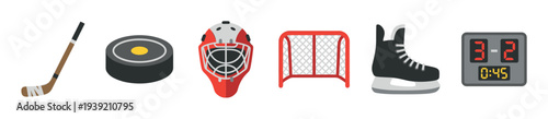 Ice hockey equipment and gear icon set with a player stick, puck, goaltender mask, goal net, skate, and a game scoreboard in a simple flat graphic illustration style